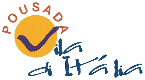 Logo da Pousada Vila Di Italia: sol amarelo com traço roxo e o nome em azul